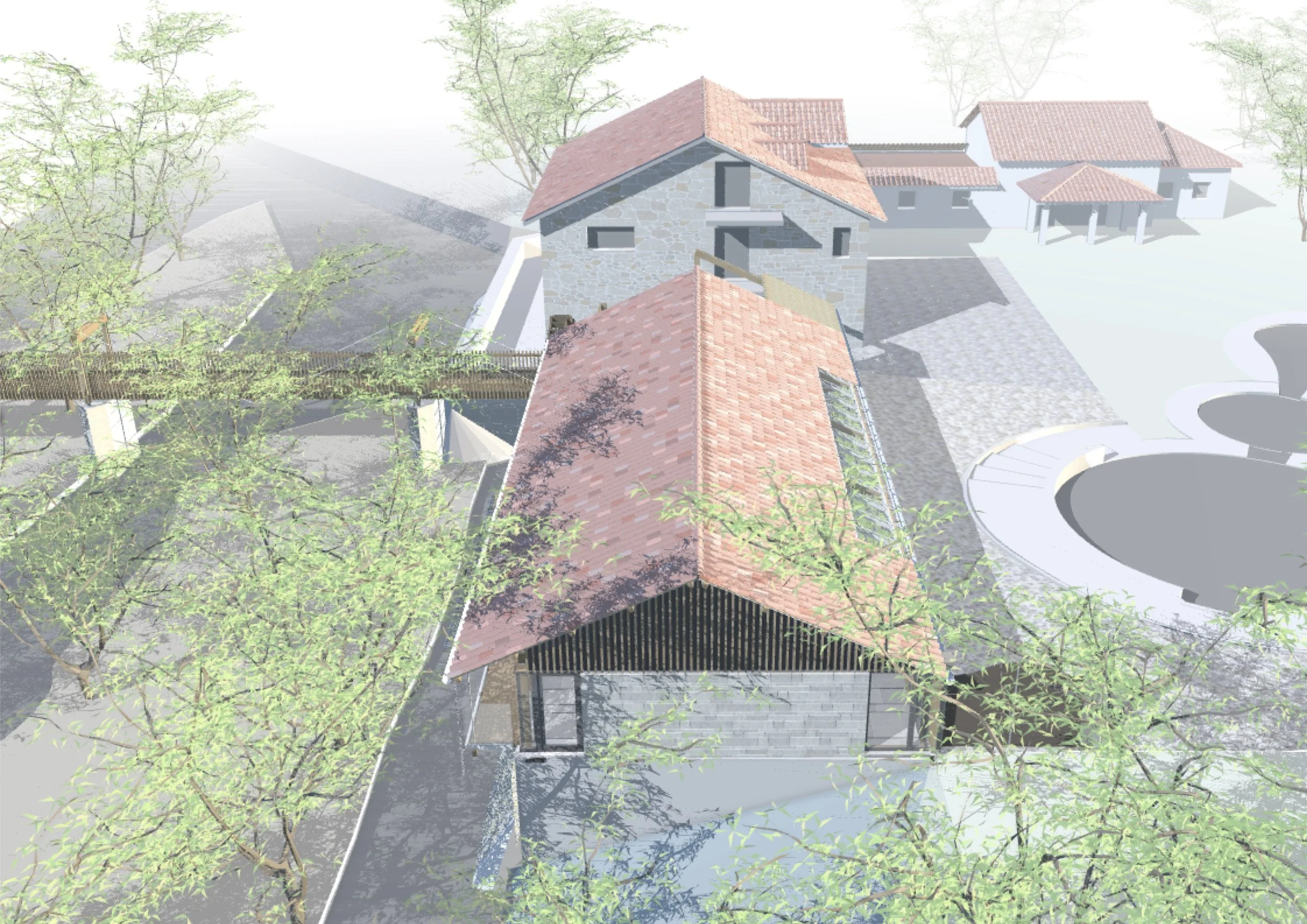 The form and materials of the spa borrows from the adjacent mill building.