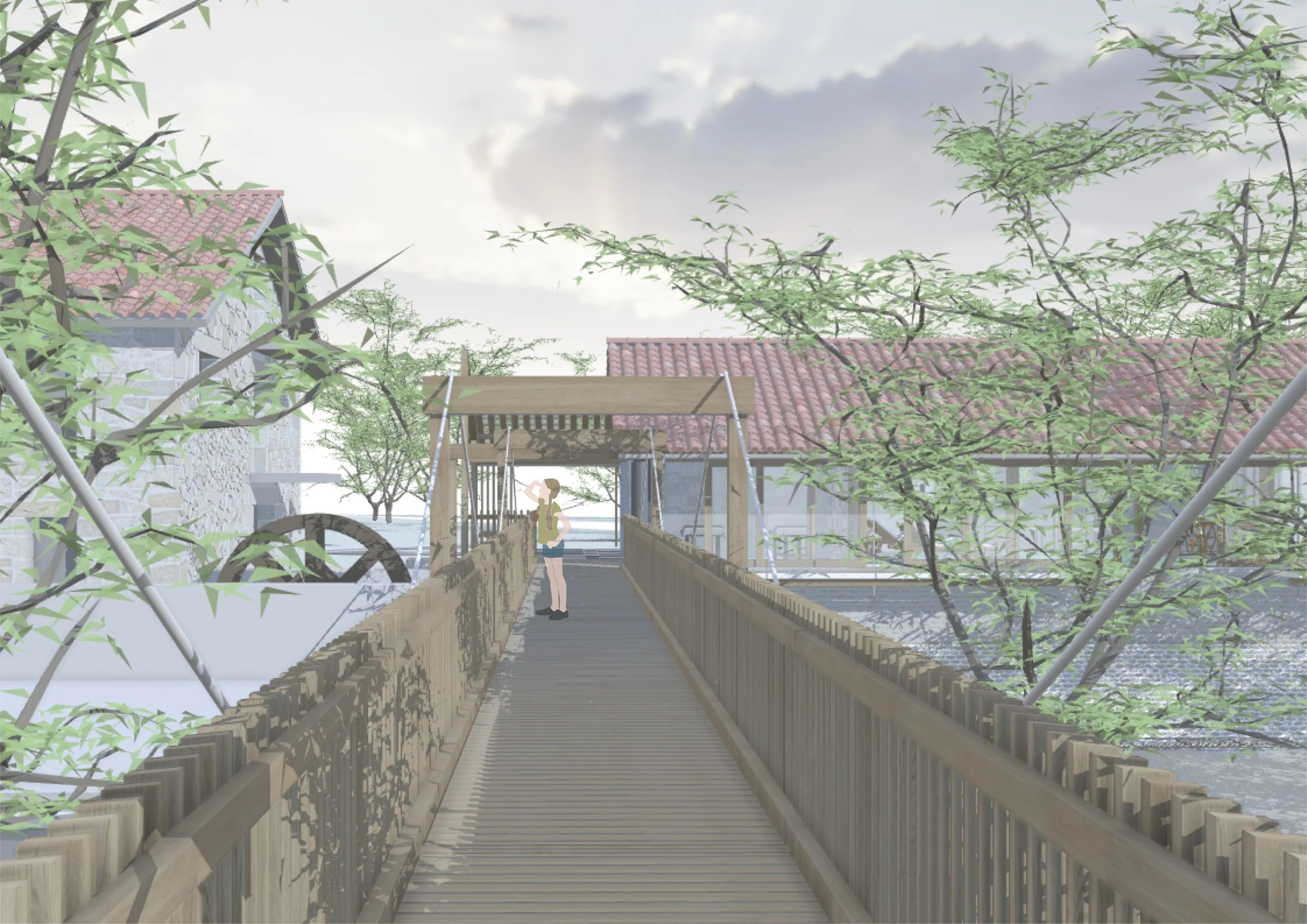 Approach across the Vez brings visitors to a courtyard
space between mill and space.