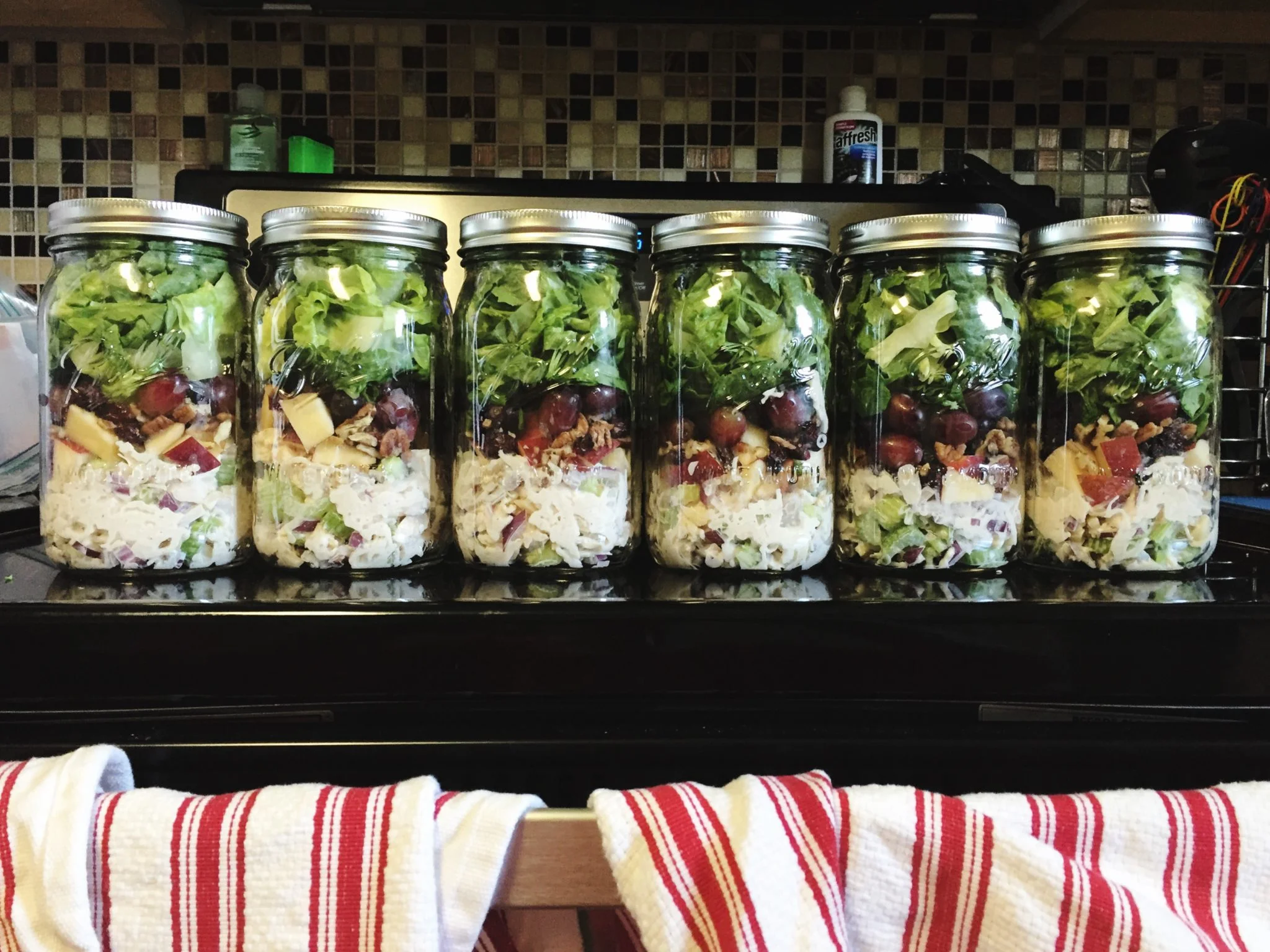 Chicken, pecan, and apple mason jar salads