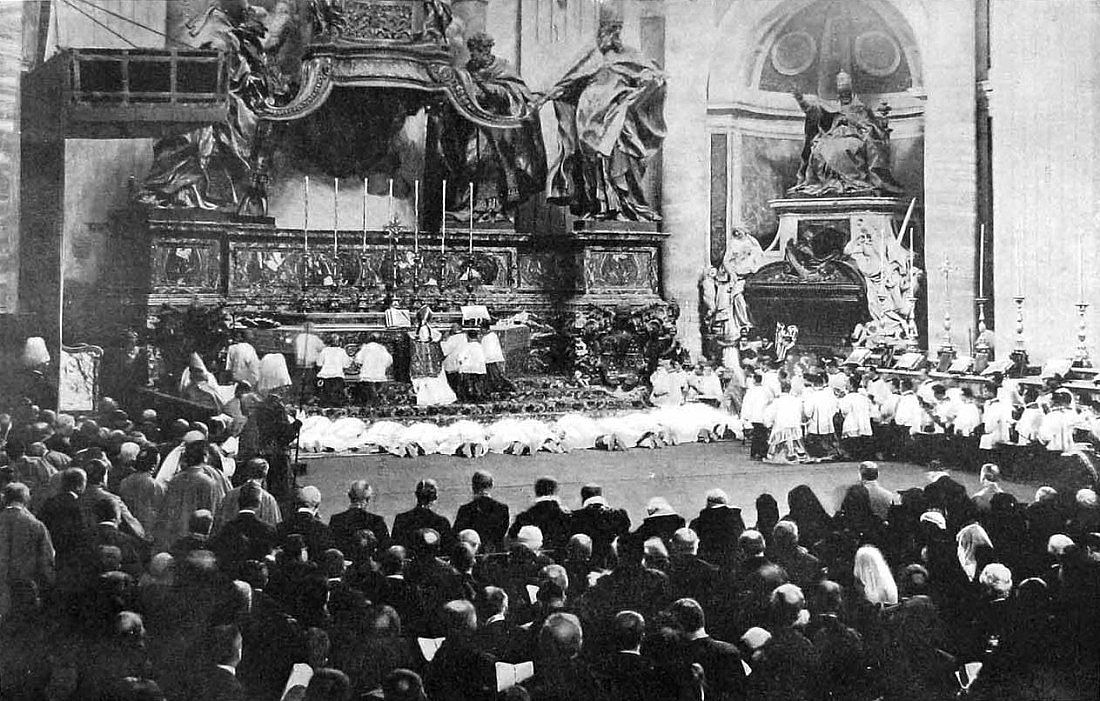 Pope St. Pius X, who in his Motu Proprio, "Tra le sollecitudini"(1903), desired that the people should sing the parts of the Mass that belong to them, celebrating an Ordination Mass at St. Peter's Bascilia. 