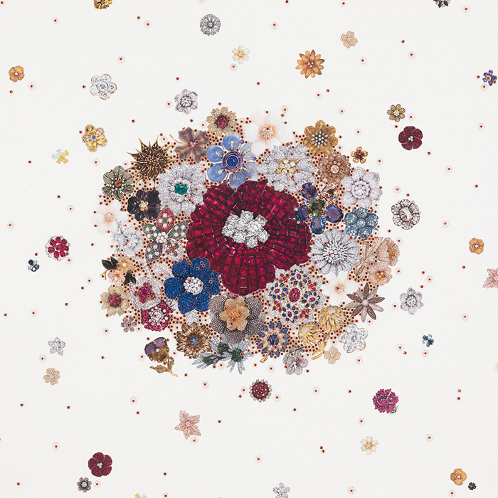 Rachel Selekman, Double Jewelled Bouquet , 2016 Beads, rhinestones, thread and collage on paper