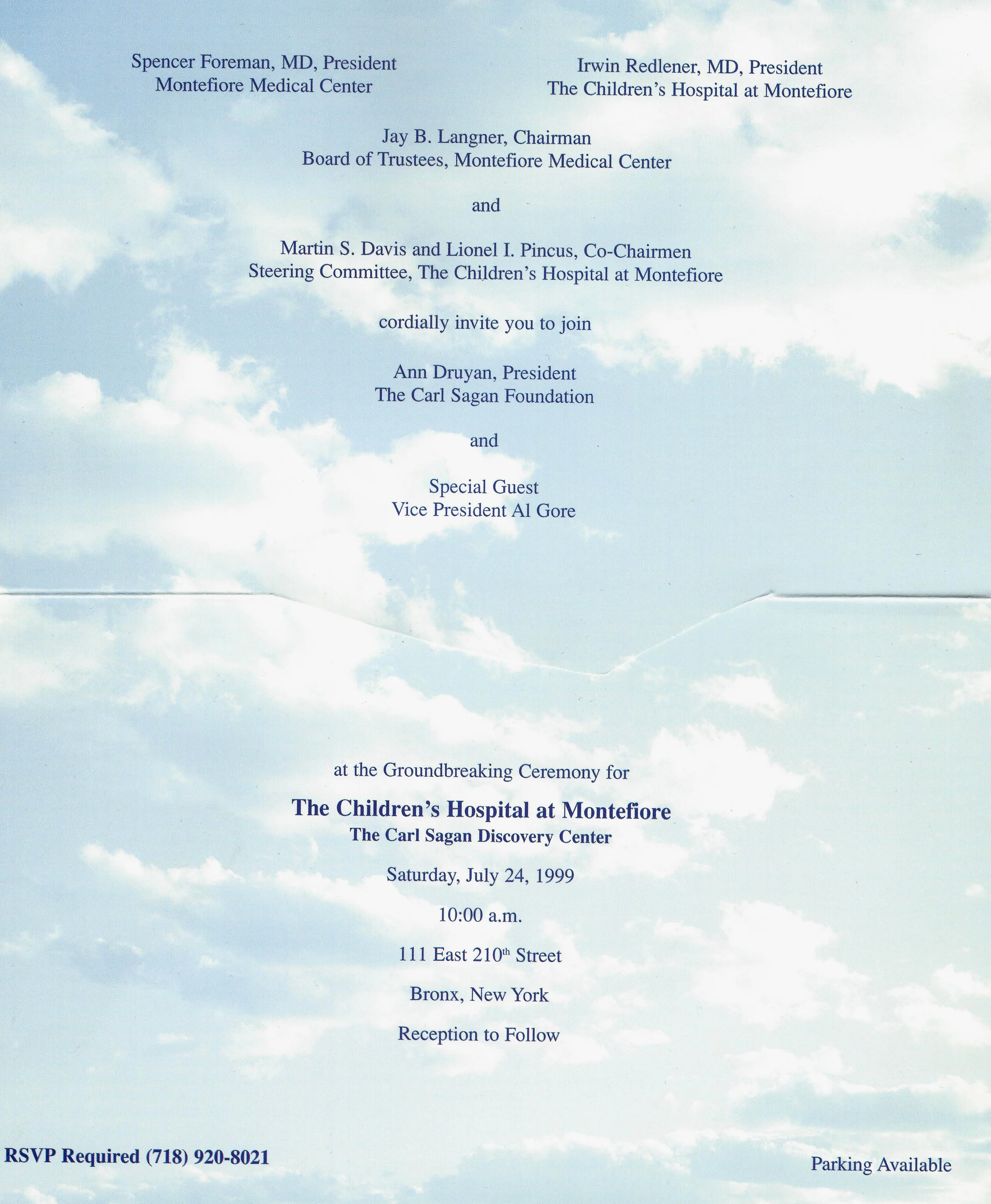 Invitation to the Ground Breaking of the new Children's Hospital at Montefiore, July 24, 1999