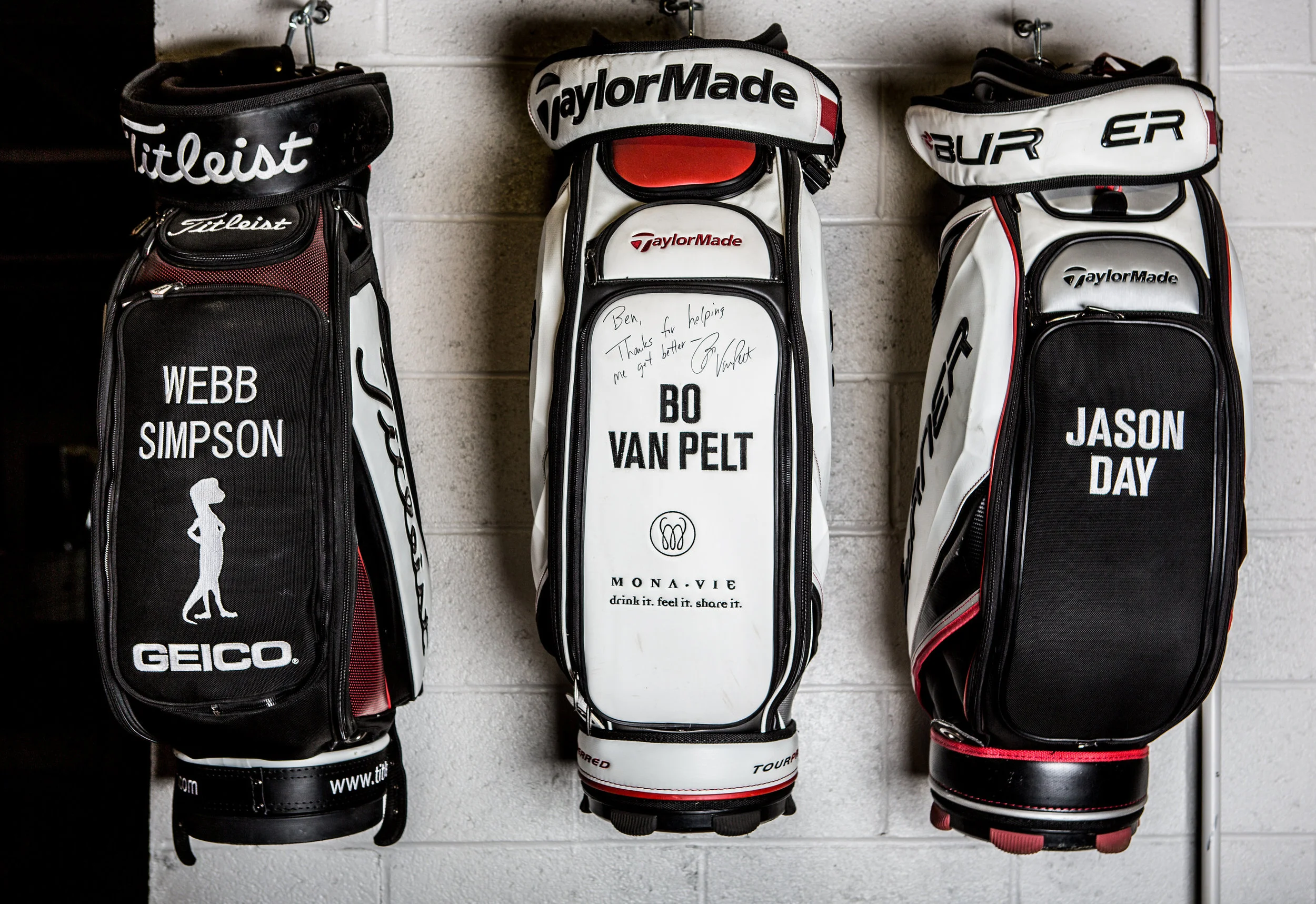 Webb Simpson, Bo Van Pelt and Jason Day bags displayed at BenShearGolf