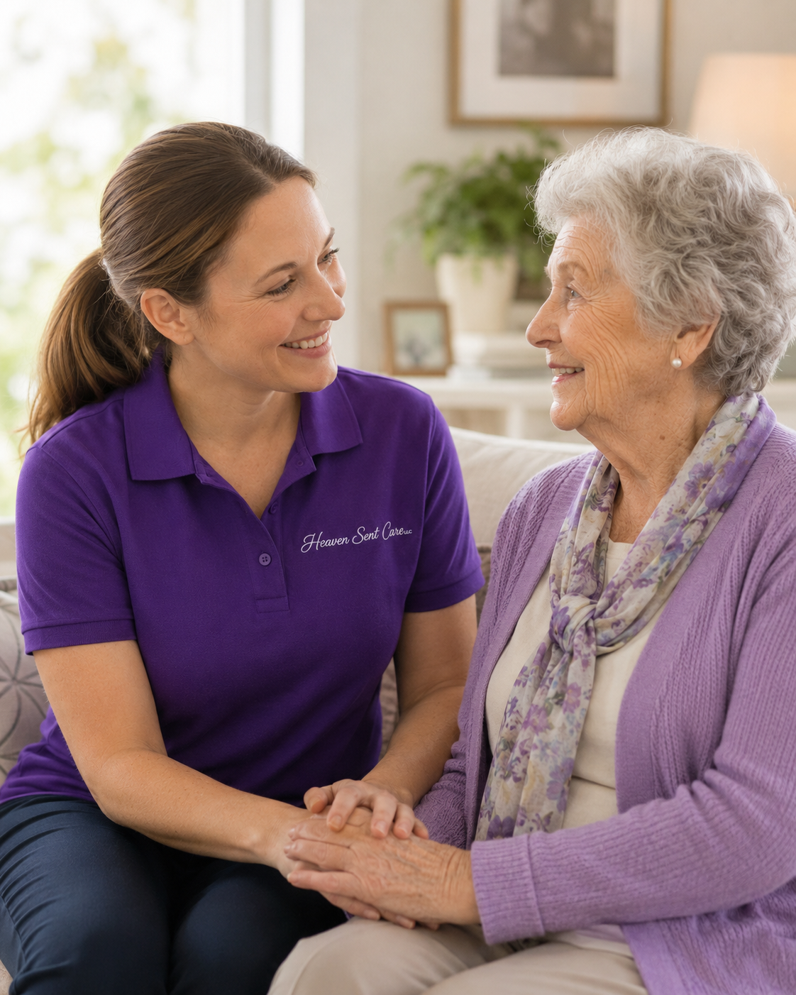 A caregiver and elderly woman smiling at each other, holding hands indoors in a cozy, well-lit living room.