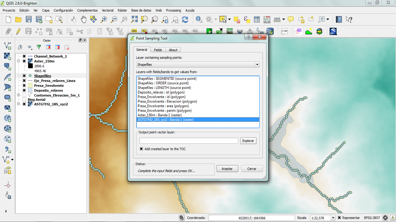 Point sampling tool plugin to capture elevation on river vertex.