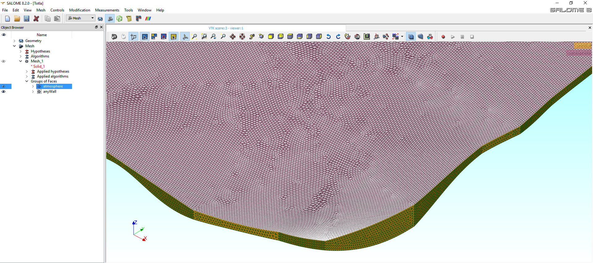 Closeup of model mesh on Salome Platform