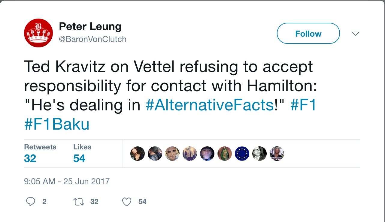 More Twitter commentary. Truly, the remarks were hilarious. It's sad that Vettel's behavior is leaving him open to such chiding. 