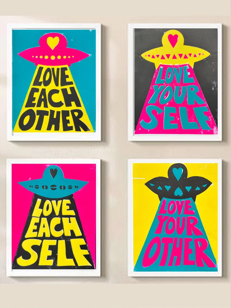 ブルースリー　 PEACE, LOVE & BROTHERHOOD SET OF 4 HAND MADE 11X14 COLOR BLOCK PRINTS — Larry Peace-Love Yes