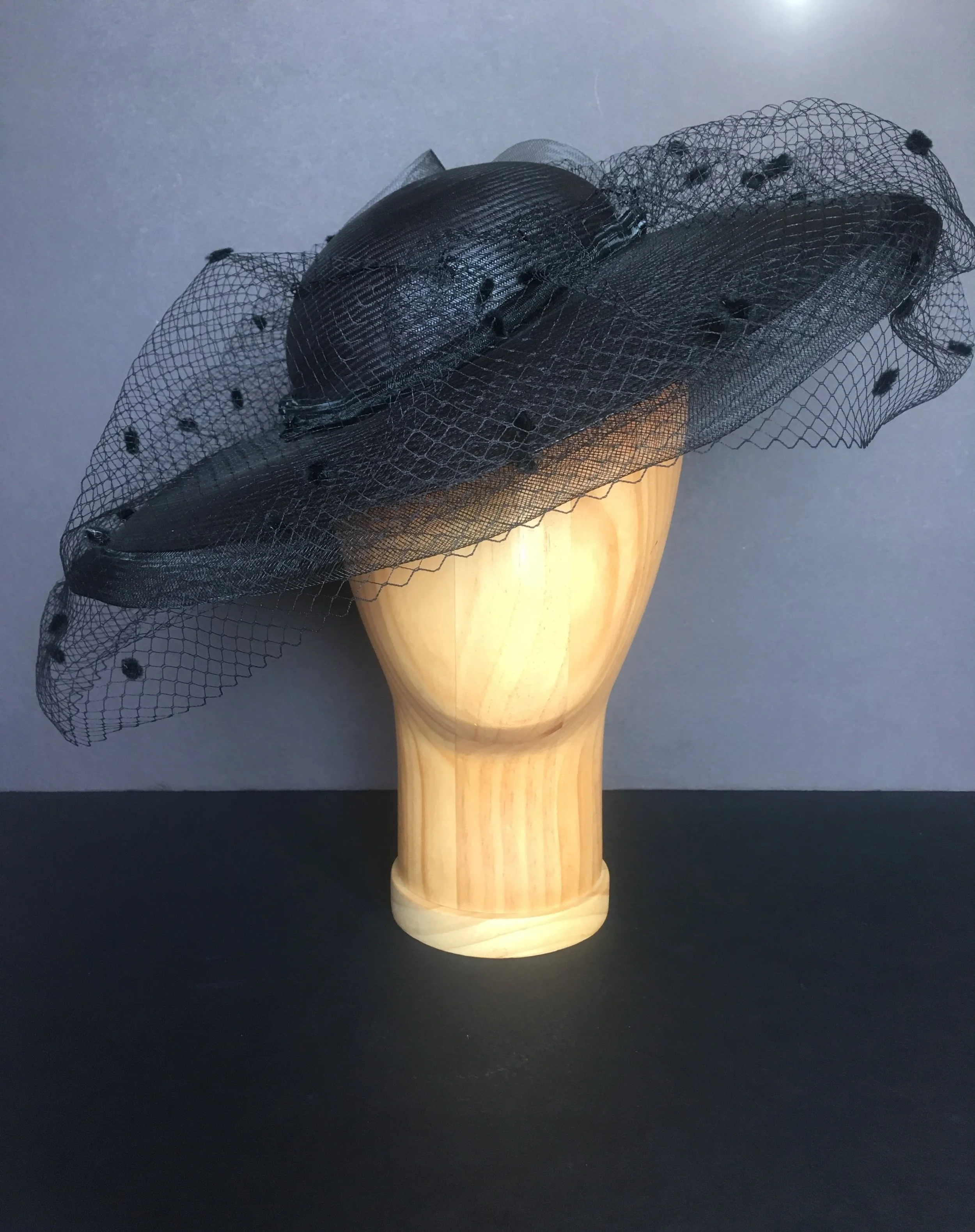 black hat with veil, straw capeline 