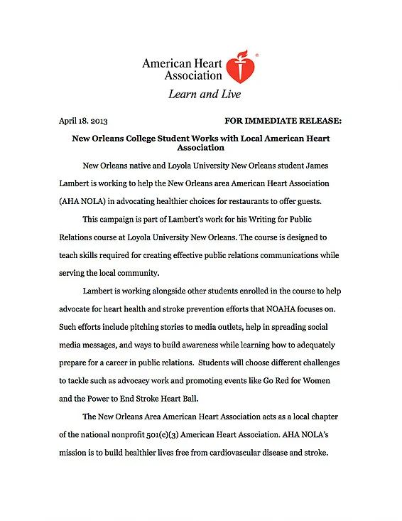 Writing for PR | American Heart Association - Loyola University New Orleans