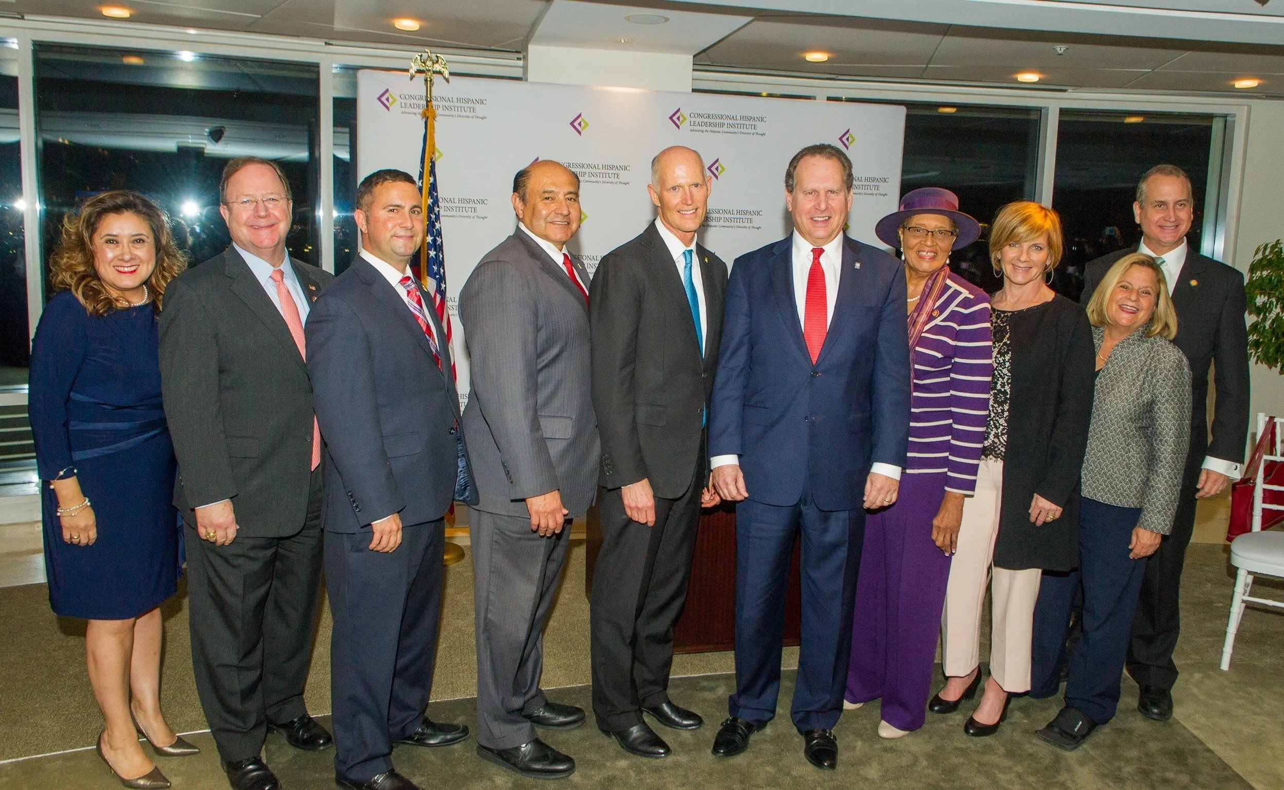 Photo left to right: CHLI President & CEO, Mrs. Gomez Orta; Rep. Flores; Rep. Soto; Rep. Correa; Sen. Scott; CHLI Chairman Lincoln Diaz-Balart; Rep. Adams; Rep. Lee; The Honorable Ileana Ros-Lehtinen; and Rep. Diaz-Balart.