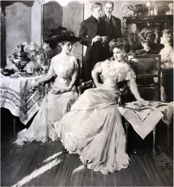 Figure 1. Teatime (Upstairs Downstairs) , 1910, oil en grisaille on canvas, 38 x 35 5/8 inches, original illustration for “At the Court of Russia…,” DELINEATOR (April 1910)