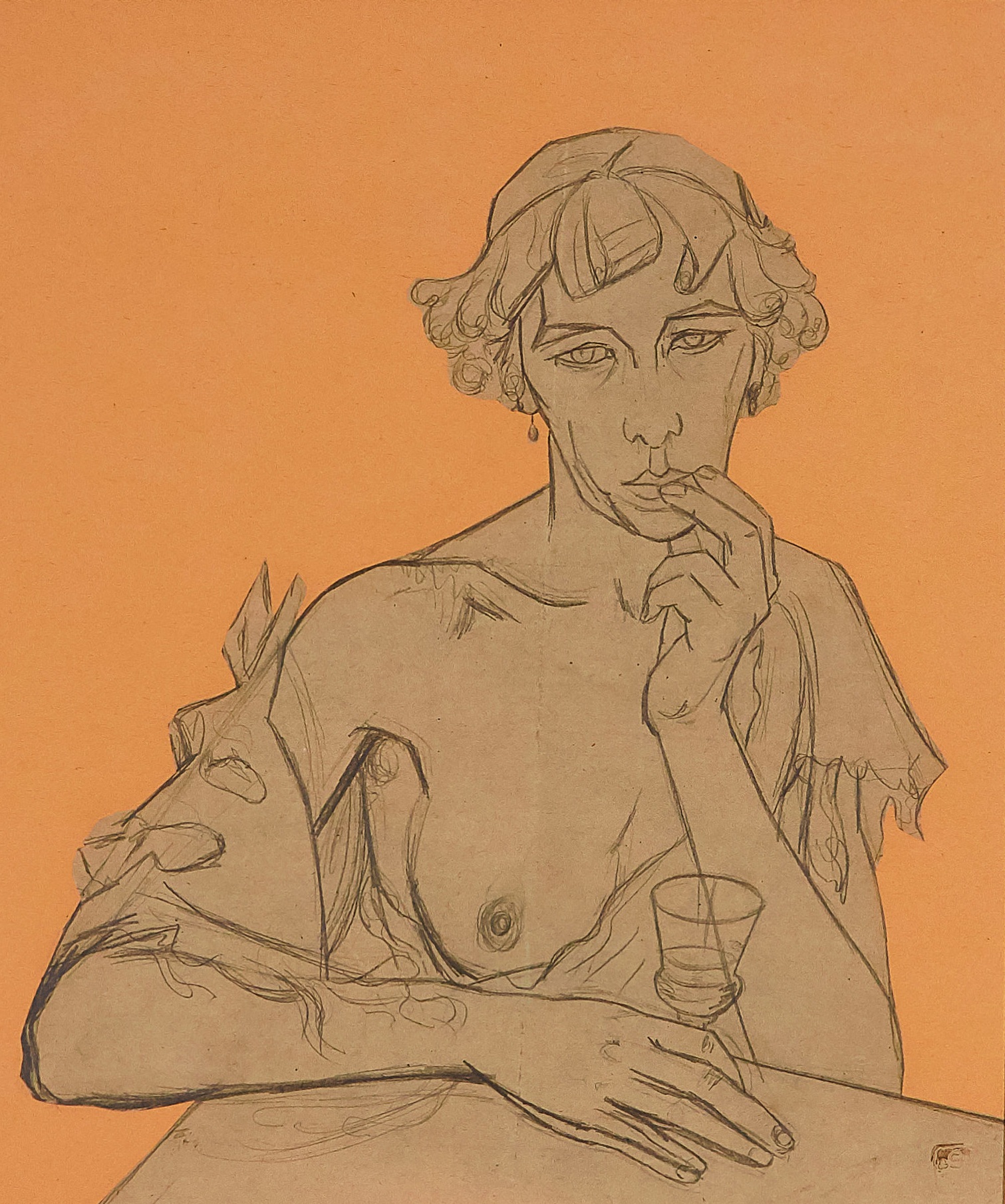  Woman with her breast exposed holding a glass 