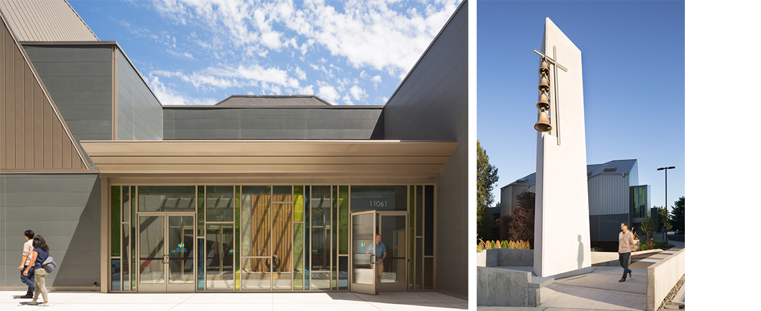 The large roof volume sits on a base of new fiber-cement siding that wraps the north and west facades and creates a new glass storefront entry at the existing building entry. A new bell tower at the street edge of the site is scaled to announce the new use to the vehicular-oriented context, bicycles and pedestrian visitors.