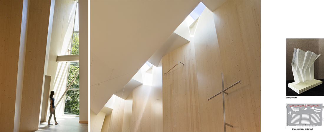Skylights and indirect side windows are placed into the new steel truss roof structure, covered by new standing seam roof and sanctuary side walls. The undulating CLT panels are illuminated from both the new east and west 30’ tall sidelights as well as from the skylights above. The CLT panels sit on a new concrete slab, supported on braced steel frames below.