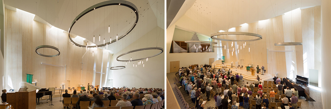 Bellevue First Congregational Church is an adaptive reuse of an existing 1970’s office building. The 49,000 sf two story steel frame building is cut open on its NW corner to insert a 6,000 sf 47’ high sanctuary. The sanctuary consists of 40’ high CLT folded plates. Washing indirect light downwards from northern skylights and full height side windows, the undulating CLT becomes the backdrop for subtle daylight experiences so common to our Northwest light under our grey skies. Construction was completed by Goudy Construction, with structural engineering by DCI Engineers. The congregation held their first service on Easter Sunday.