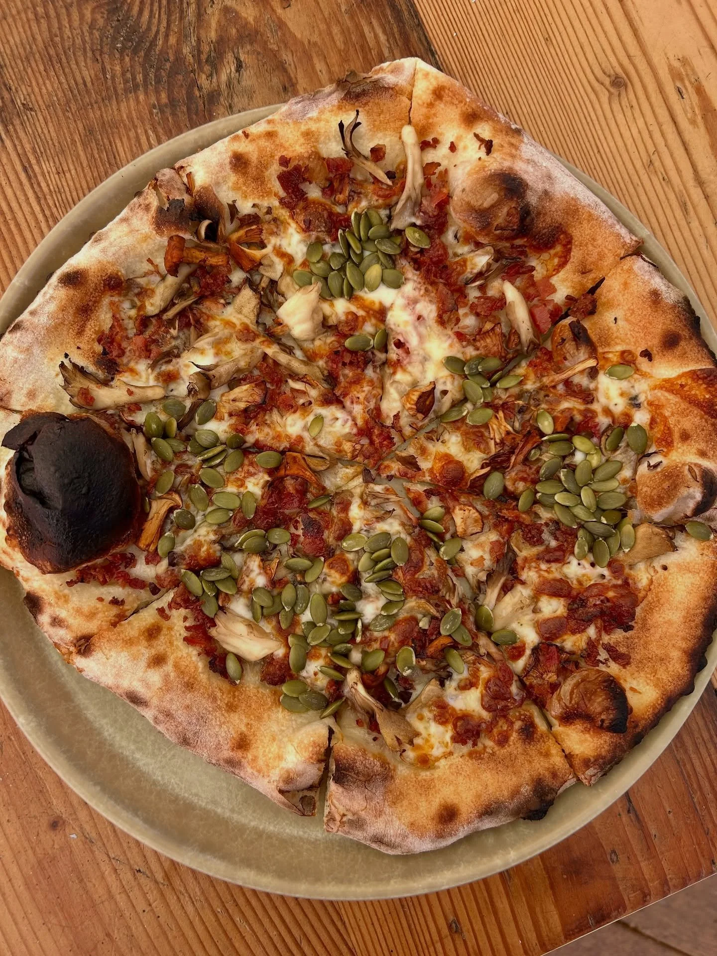 Talk about delicious the September pop-up pizza special has arrived. 

il porcile del birraio-farmer&rsquo;s cheese, locally foraged chanterelles, hens of the woods &amp; bacon-finished with pumpkin seed &amp; evoo

#beachcrestbrewing #woodfiredpizza