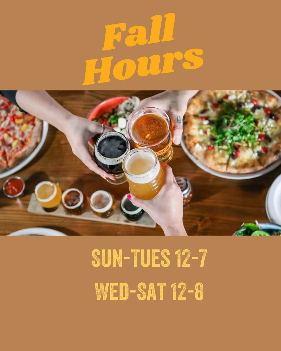 The new season is here and we’ve updated our hours. Visit the brewery daily for your favorite wood-fired pizzas, small batch beers and cozy hang. 
The taproom is open Sunday-Tuesday from 12-7 and Wednesday-Saturday from 12-8.  We can’t w