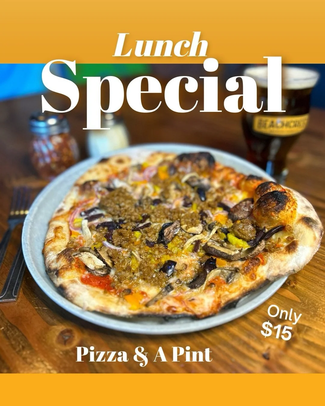 Introducing your new favorite lunch option, the Pizza &amp; a Pint Special ✨

Monday-Friday visit the taproom from 12-4 pm and select the pizza and beer of your choice for $15 or $14 for a pizza and a soda.  Lunch special pizzas are 9 inches, perfect