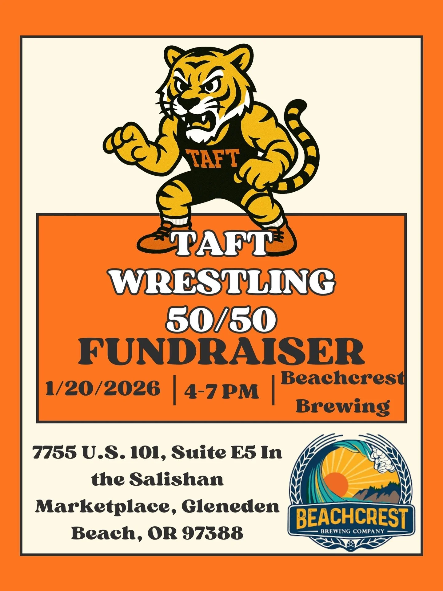 Stop by the brewery on Tuesday, January 20th from 4-7 pm and support the Taft High School Wrestling Team. 50% of food, beverage and merchandise purchases on 1/20/26 from 4-7 will be donated to support the student athletes. 

Drink Beer.  Eat Pizza. D