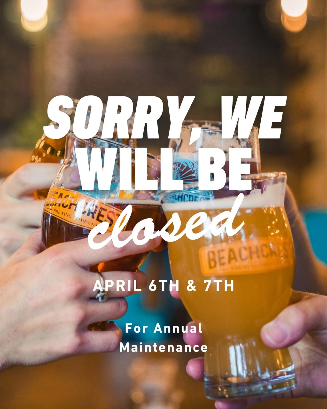 The brewery will be CLOSED on Monday &amp; Tuesday April 6th &amp; 7th for maintenance and a spring refresh. 

We will be open withe regular hours on Sunday, April 5th, and Wednesday April 8th.