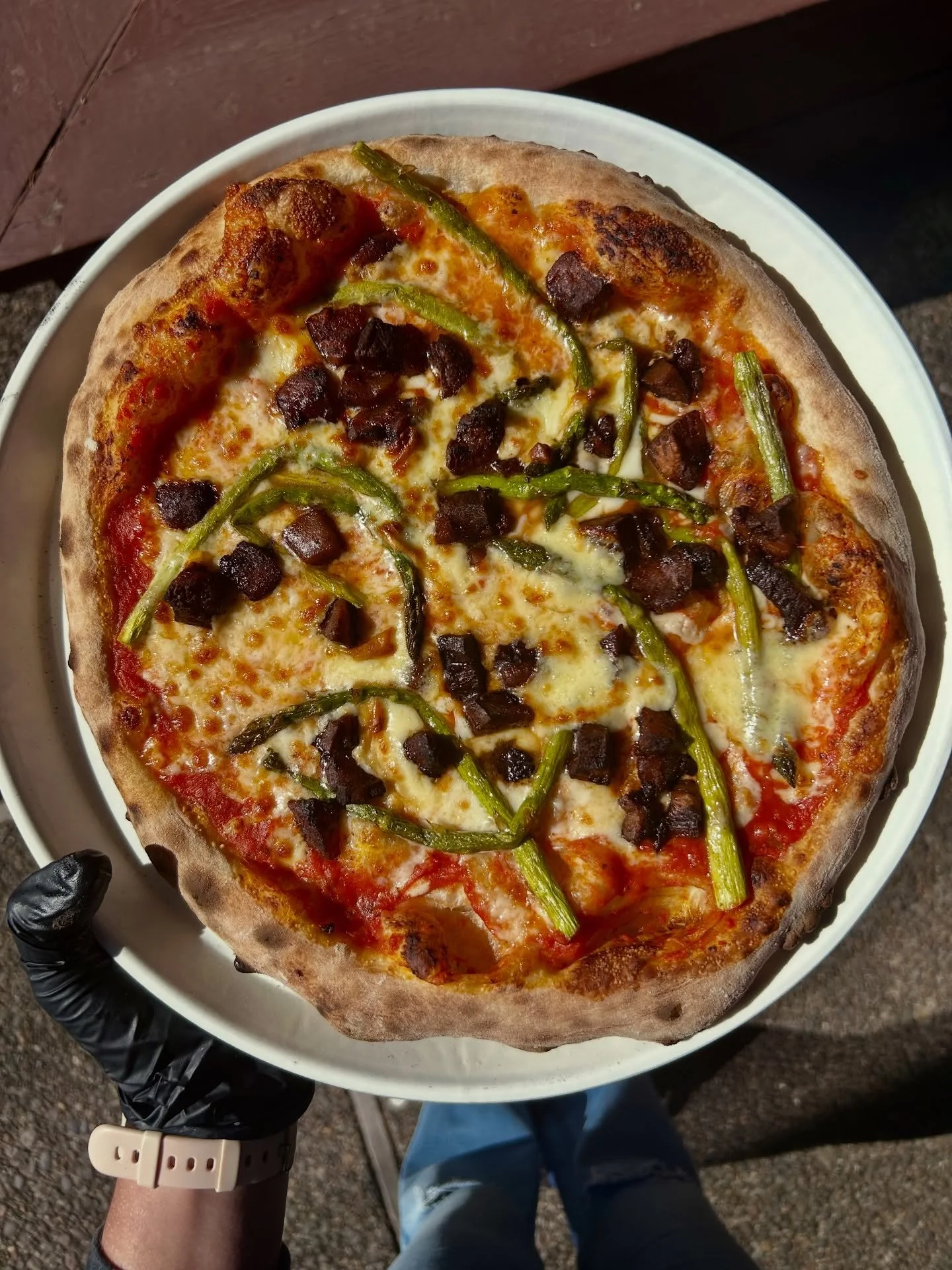✨April Pizza Special: Asparagus &amp; Beech- sourdough crust topped with red sauce, roasted asparagus, salt cured pork, smoked scarmorza cheese, and mozzarella blend.