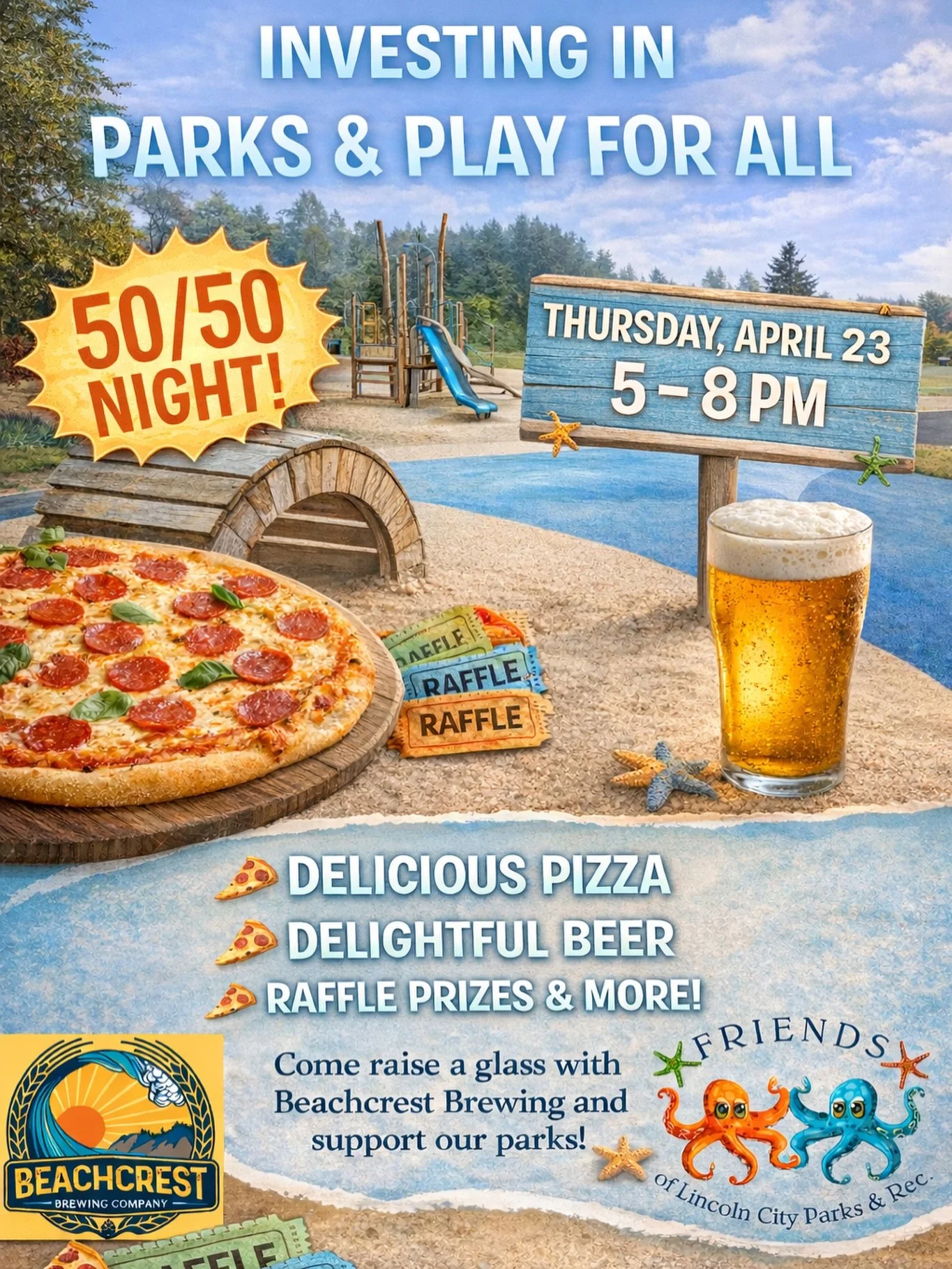 Join us for a fundraiser tonight, April 23rd to support Friends of Lincoln City Parks and Rec from 5-8 pm.  50% of your purchase will be donated to support FLCPR. Eat pizza, drink beer, do good!