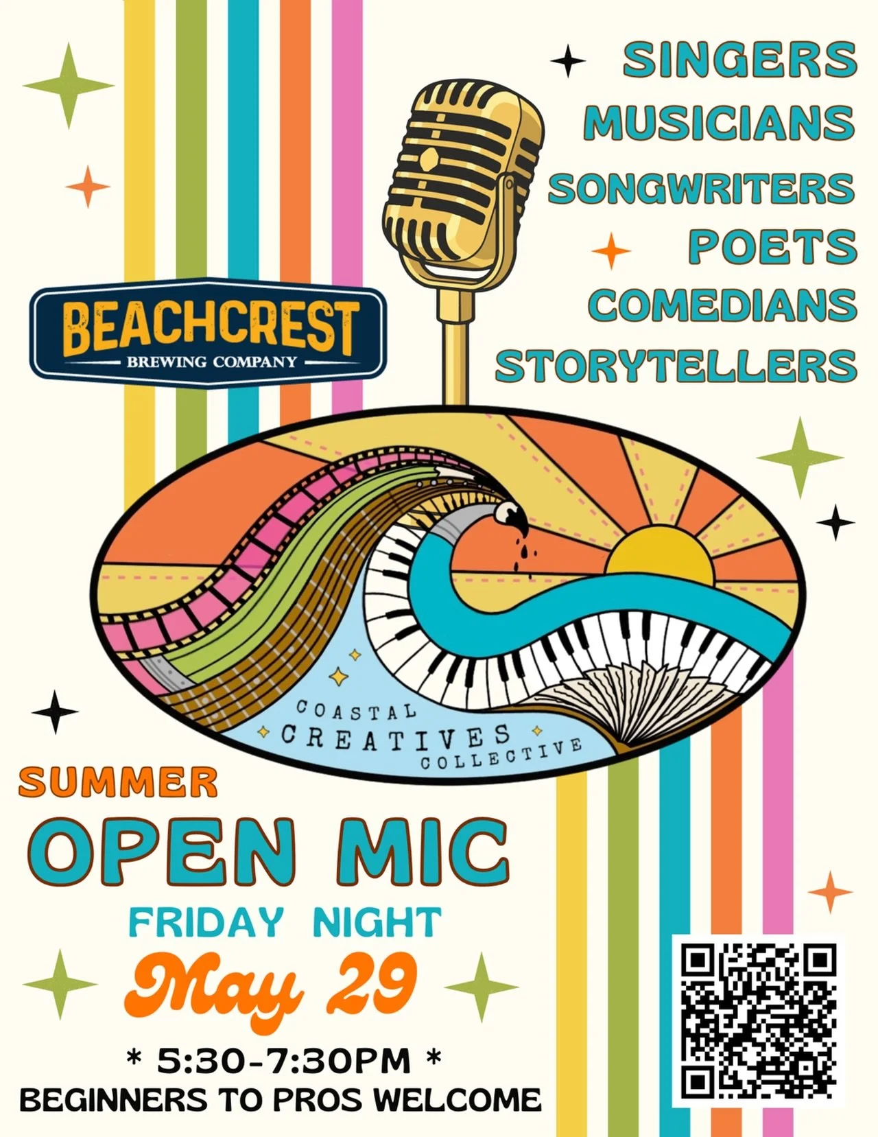 Calling all musicians, poets, comedians, and storytellers!  @coastalcreativescollective is hosting an Open Mic Night on Friday, May 29th at 5:30 pm in the Tsunami Room. 🌊  Come share your talents on our stage.