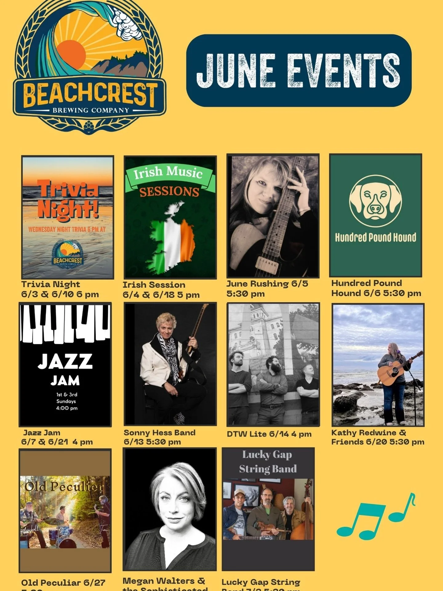 The June live music schedule is packed with some of our favorite bands!

This weekend we&rsquo;re featuring:

6/5 June Rushing and Her Splendid Ensemble 5:30 pm -power house vocals performing songs you love

6/6 Hundred Pound Hound 5:30 pm -funk &amp