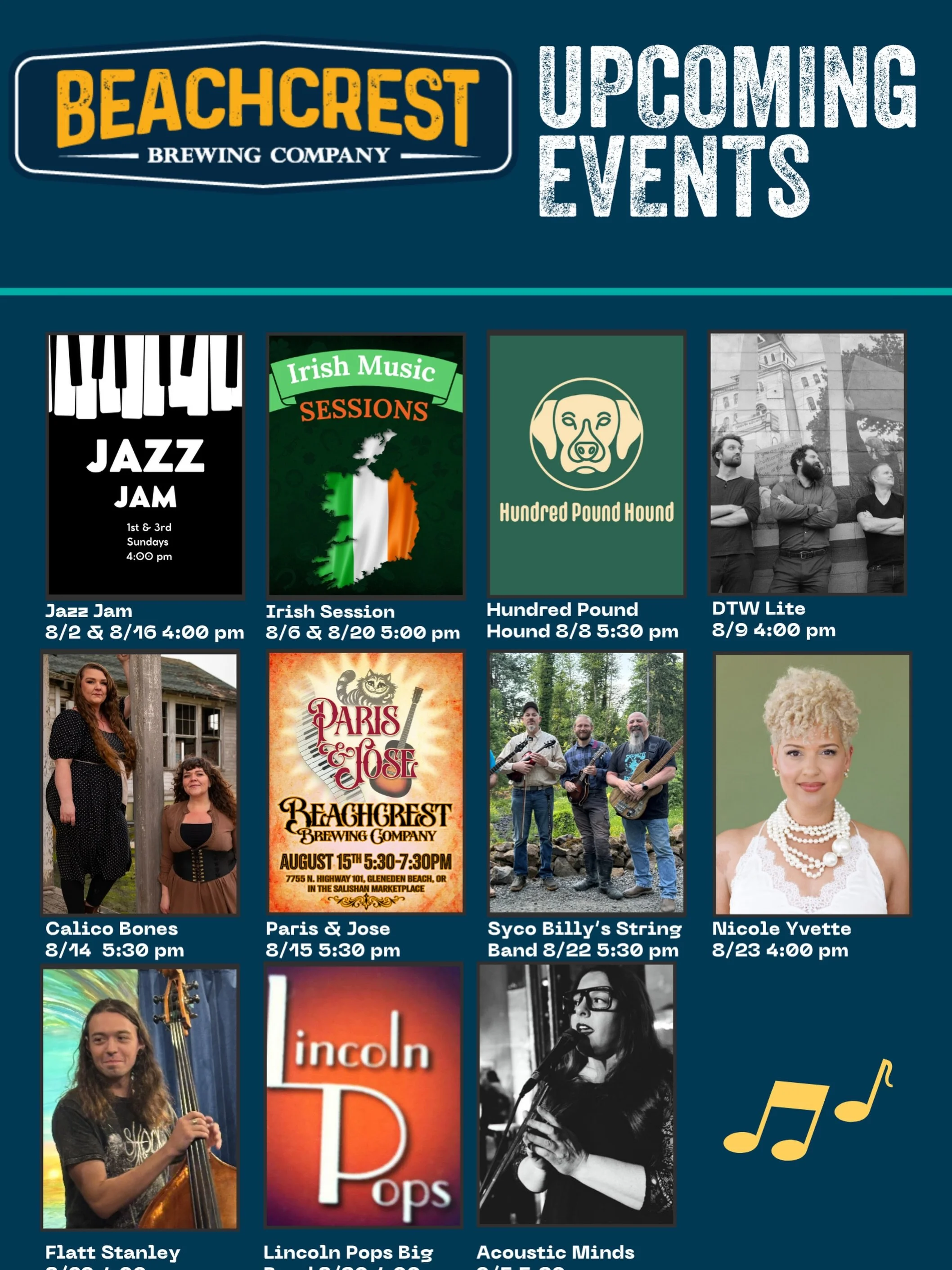 The late summer music schedule is gonna be 🔥

We&rsquo;re excited to host:
@sycobillysstringband 
@_theam 
@calico_bones 
@dtwproductionspnw 
@nicoleyvettemusic 
and more! ✨

Live music is hosted in the Tsunami Room, open to all ages and there is no