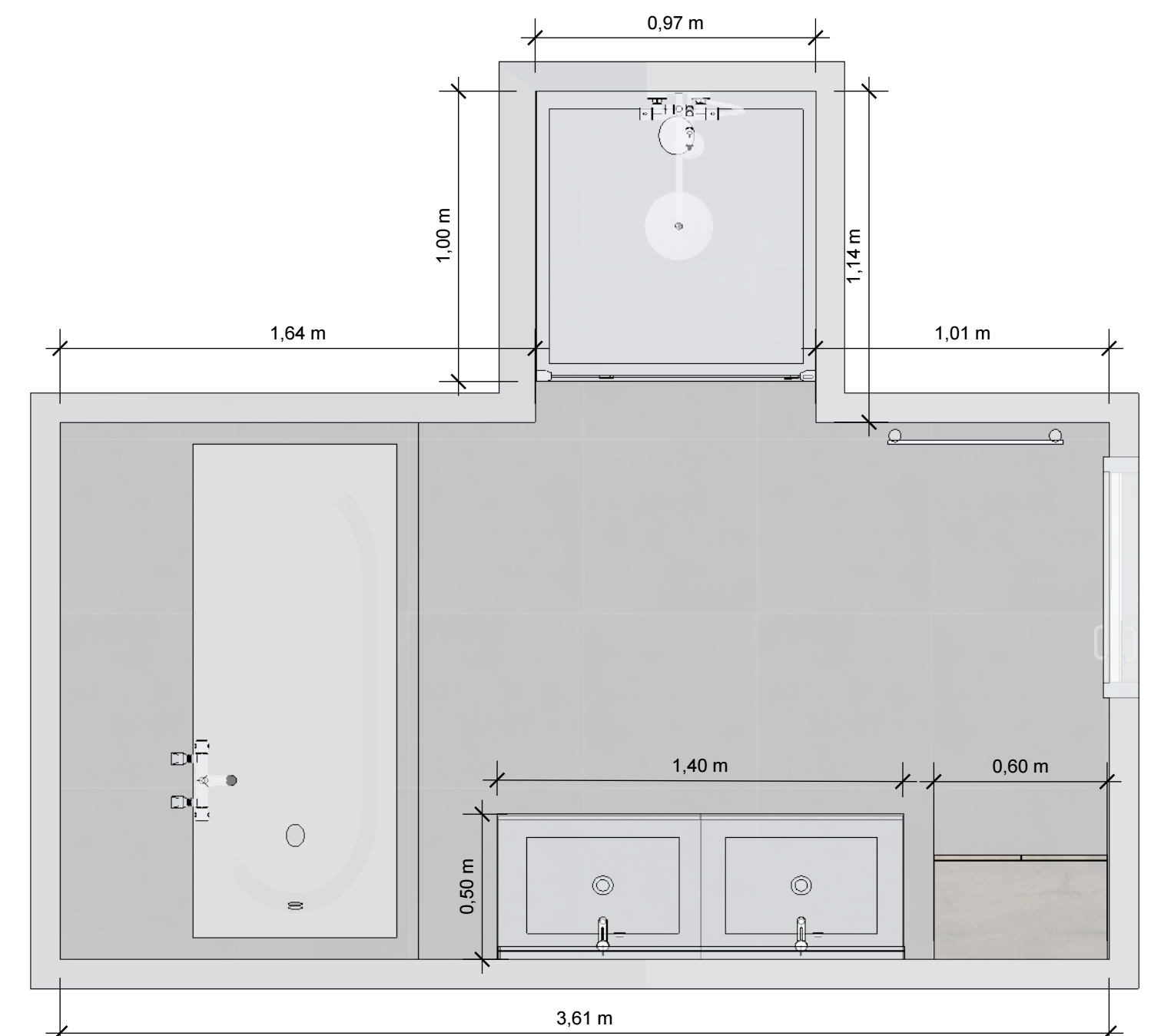 Plattegrond van een badkamer met afmetingen, een dubbele wastafel, een ligbad, en een aparte douchecabine.
