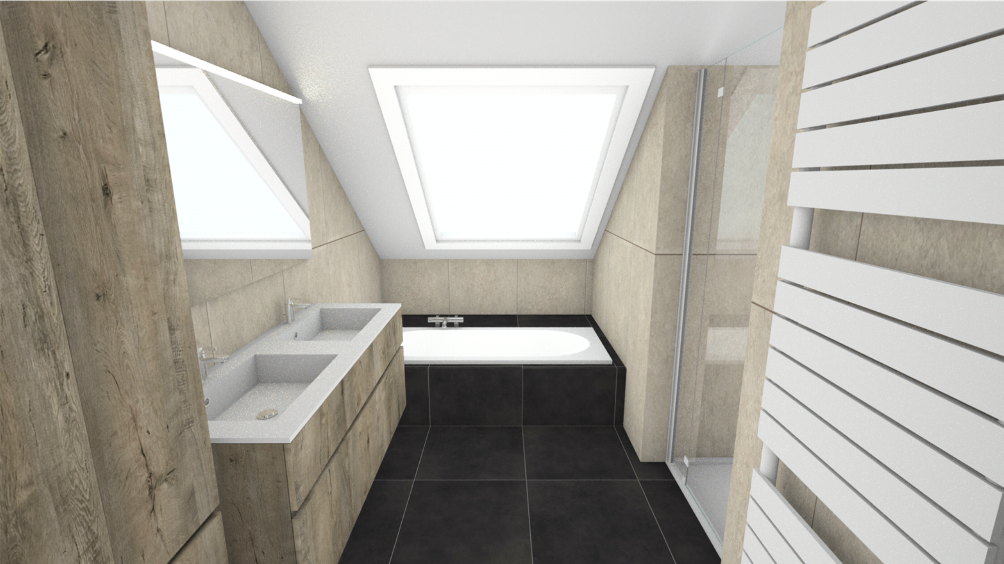 Moderne badkamer met dakramen, dubbele wastafel, inloopdouche en een inbouwbad op zolder met schuine daken.