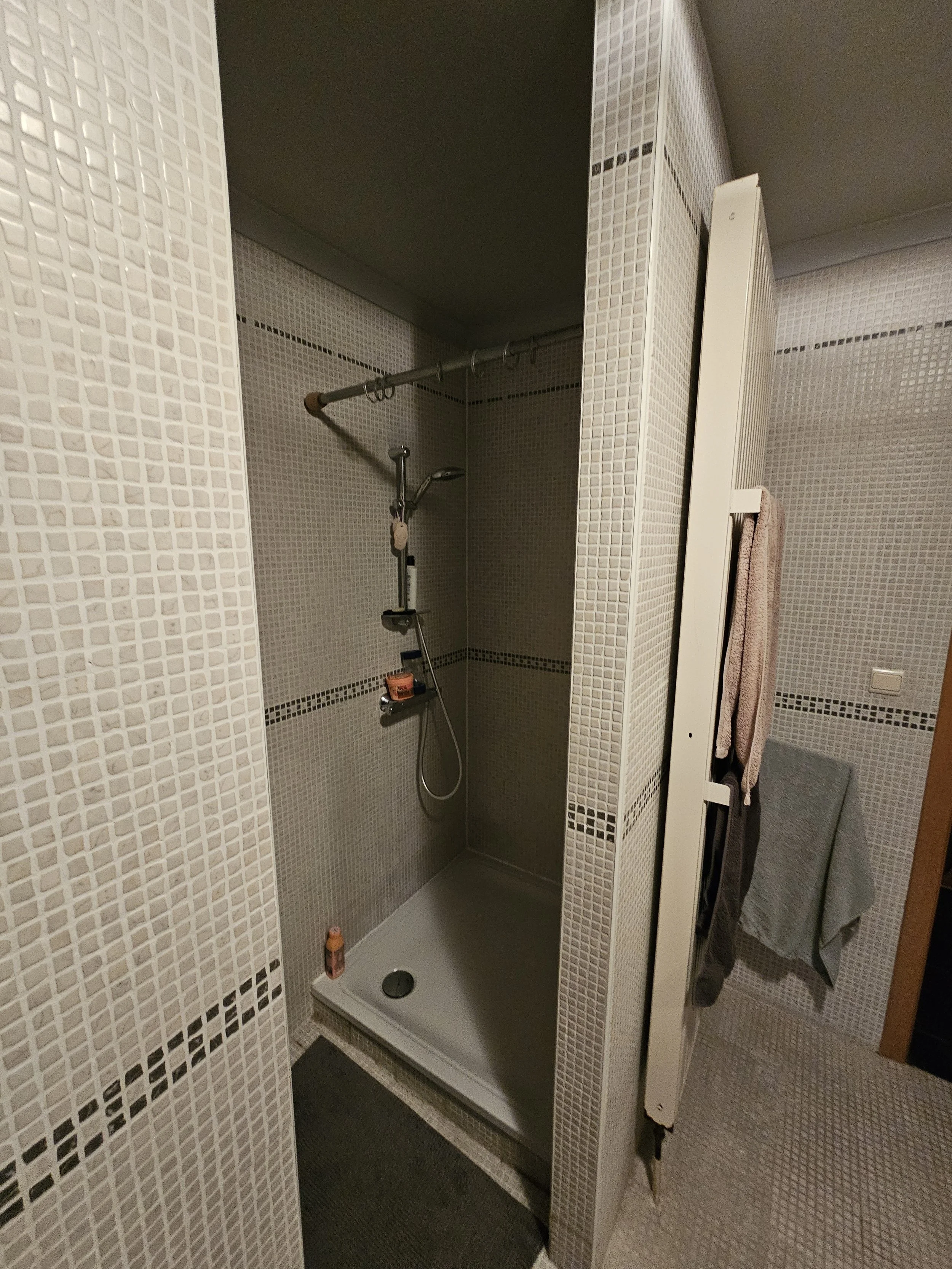 Binnenkant van een douchehoek met een douchekop, badschuim, en een scheidingswand, in een badkamer met vierkante betegeling.