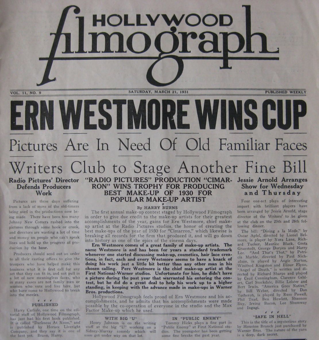 Headlines in 1931 for the very first award ever presented to a make-up artist for his work. 