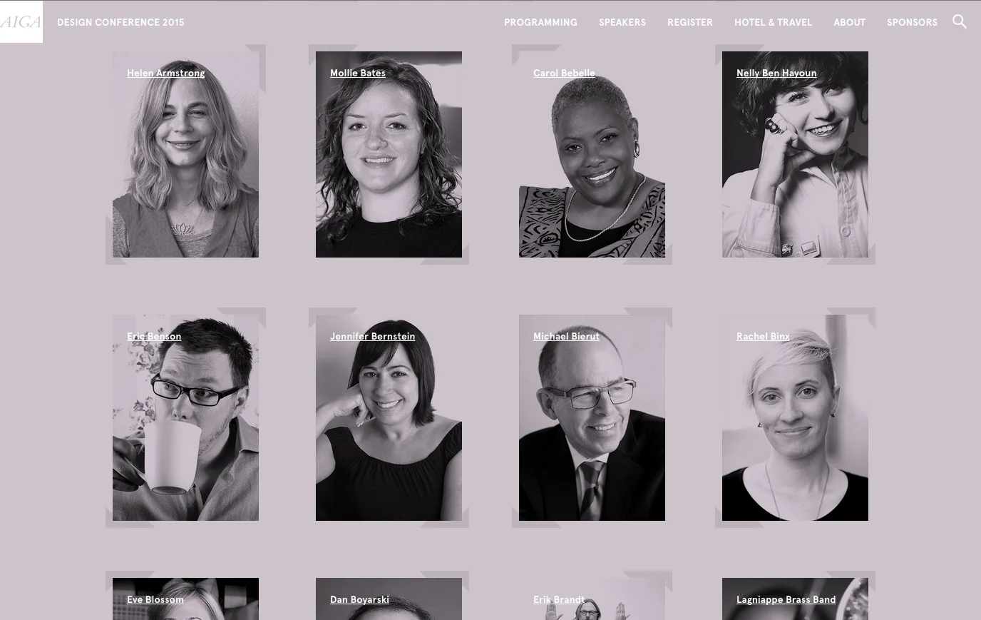 Grid of speaker headshots from the 2015 AIGA National Design Conference website, including Jennifer Bernstein and other featured participants.