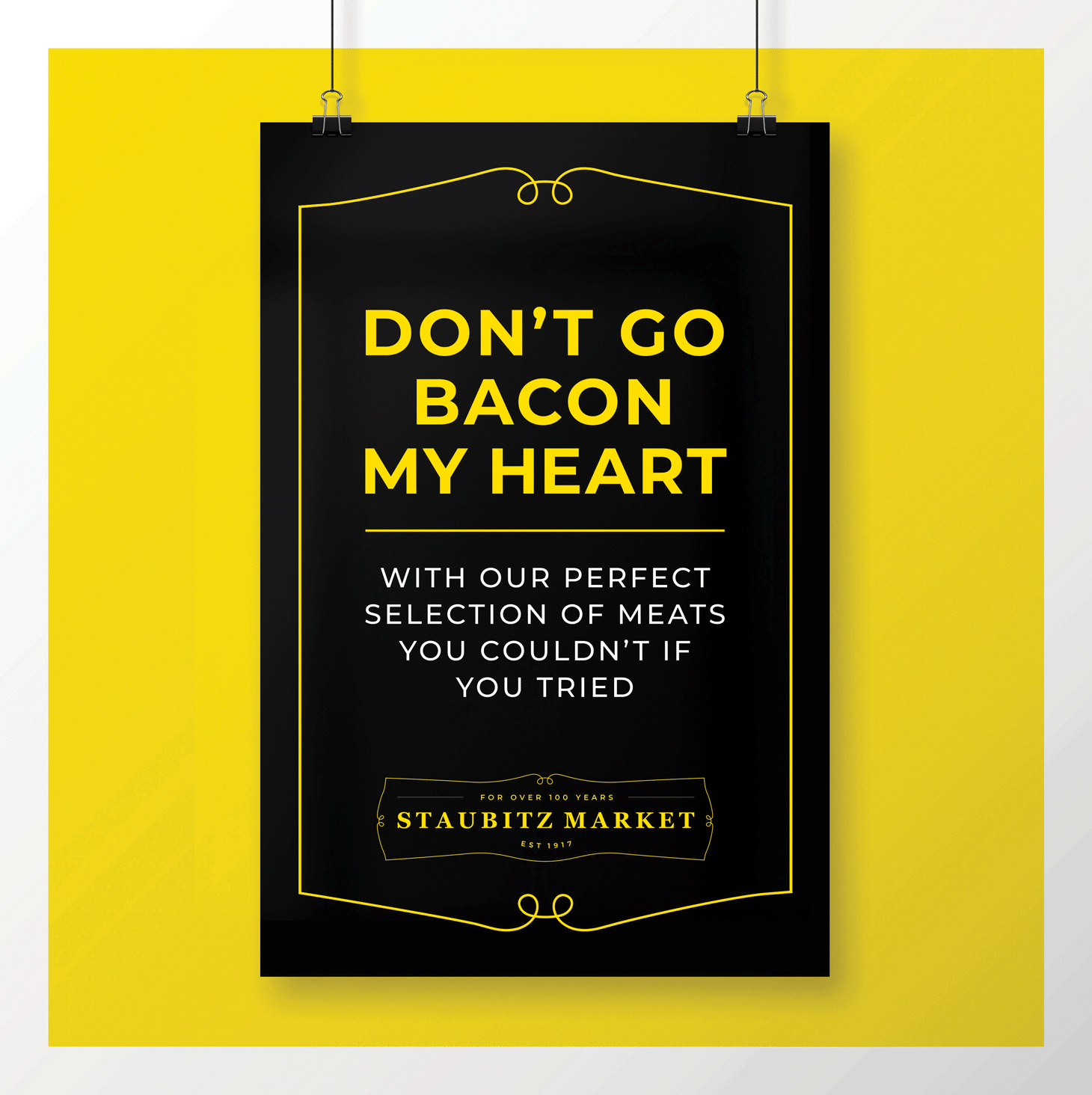 Animated GIF featuring a series of pun-based Staubitz Market signs, including one that reads “Hello? Is it Brie you’re looking for?” in bold yellow type on black — a playful nod to the shop’s artisanal cheese offerings.