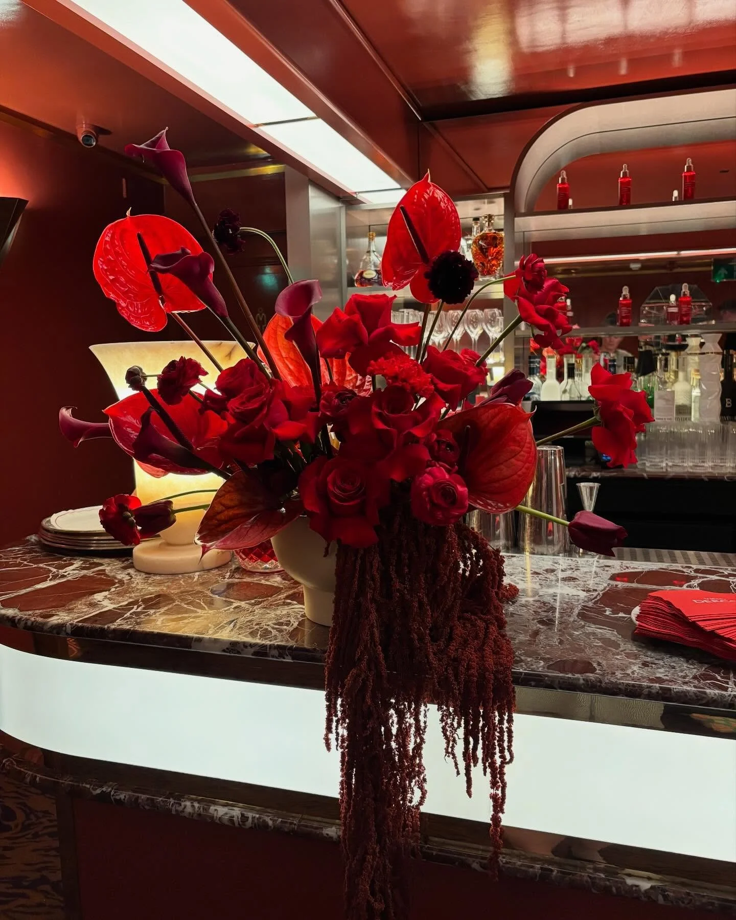 Dramatic sculptural reds for the lovely @quartz.london for @vichylaboratoires at @tramp #clareloveblooms