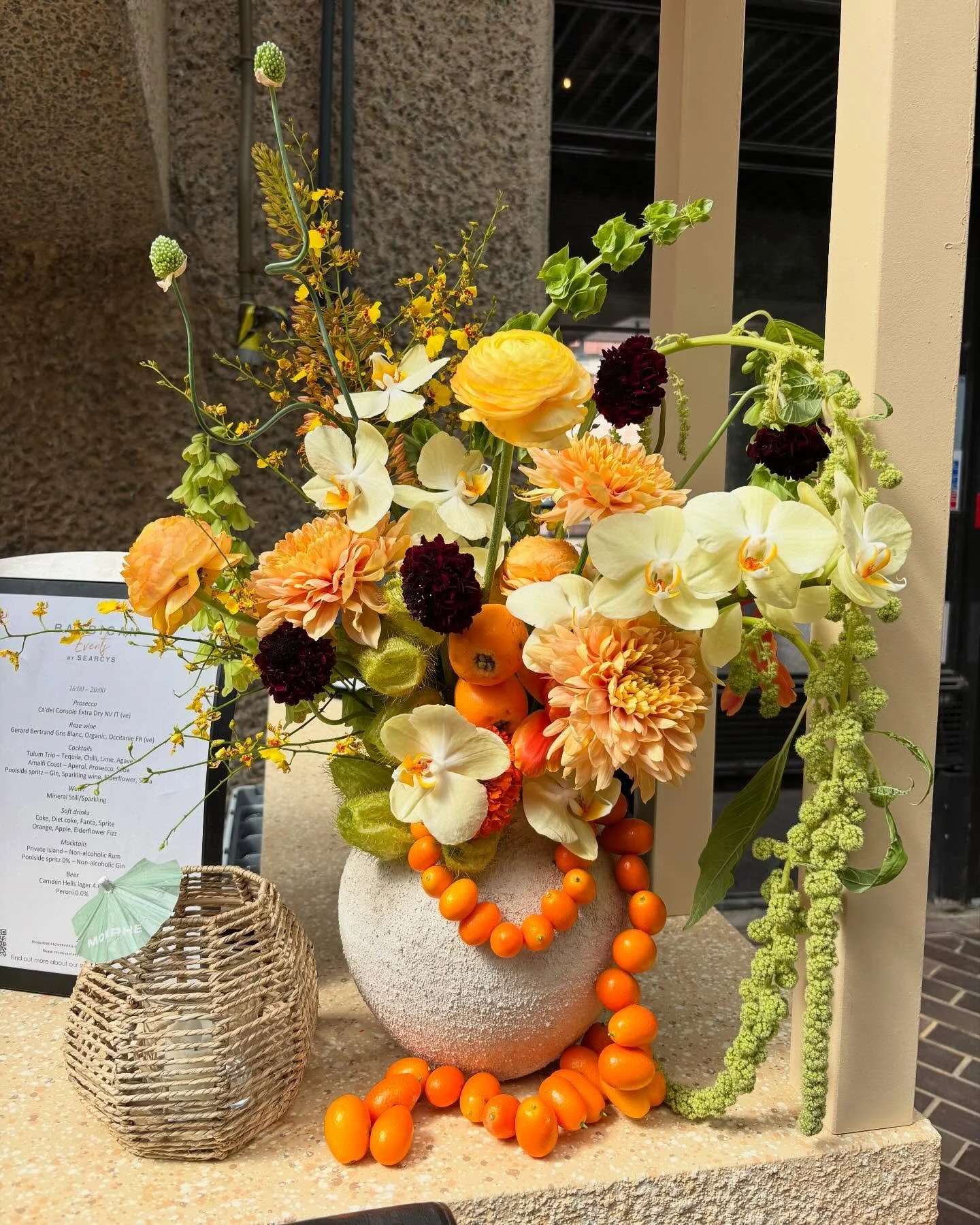 Statement sculptural vases this week for the lovely @eightandfour for @morphebrushes_uk at @barbicancentre. These were an absolute fave to make, will always love working with chains of kumquats. Such a small fruit with so much impact. #clarelovebloom