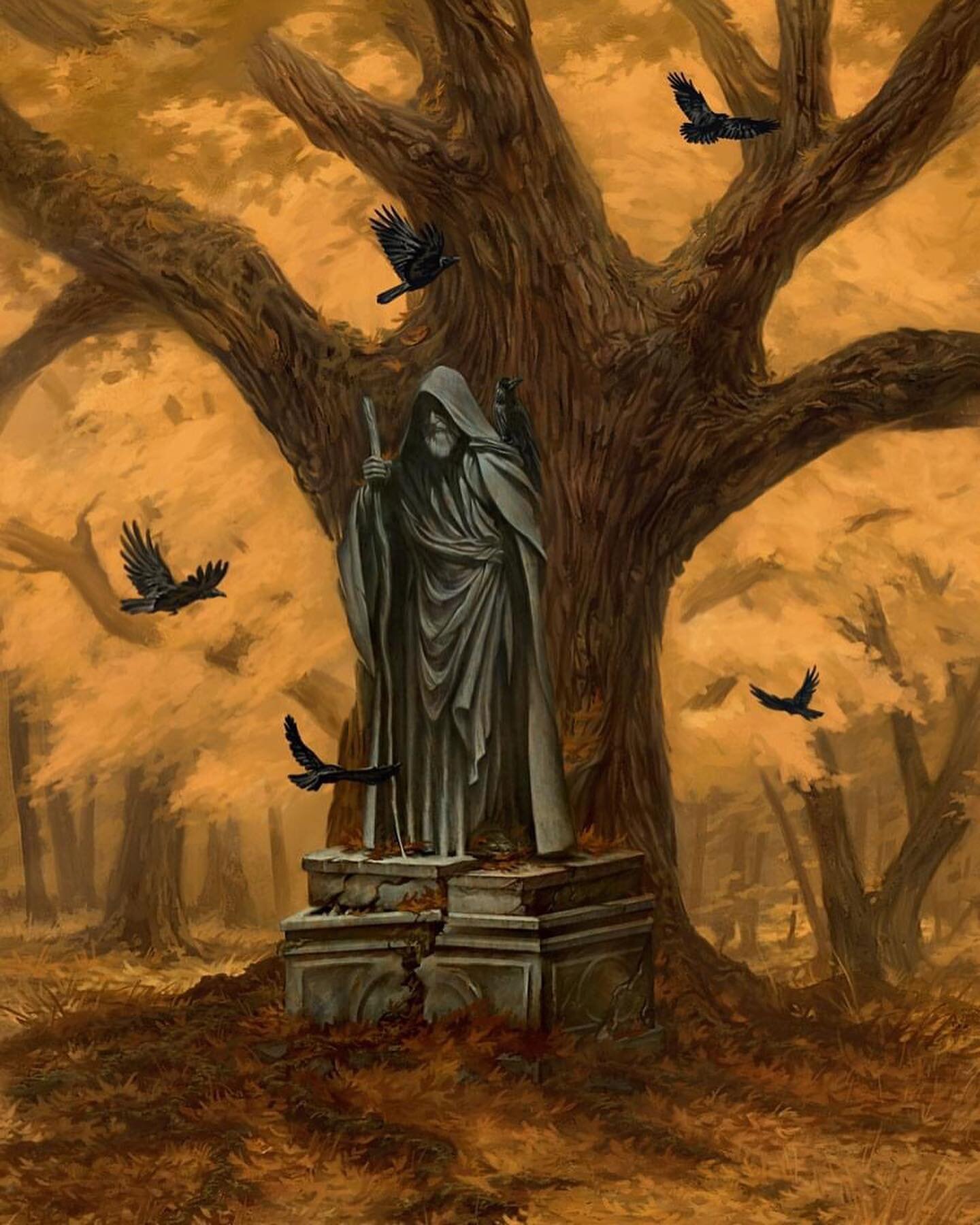 The Old Oak 
20 x 30. Digital

I visited the Old Oak today, seeking insight on the journey. Even upon fractured stone he remains balanced, his face etched with weathered storms. His emissaries sail among the branches, each beat of ebony wings echo wi