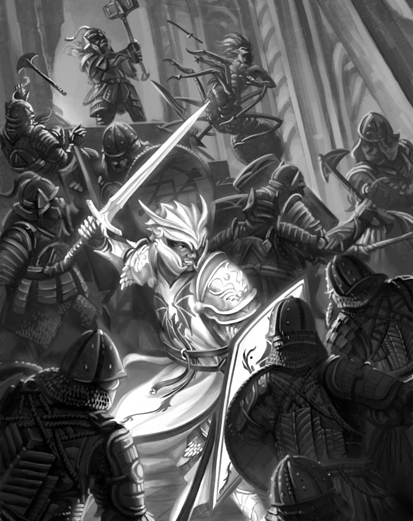 Another interior from Magician by Raymond E. Feist:

Tomas in his full suit of dragon-styled plate armor holding the line with dwarven allies. We really wanted to capture the smile on Tomas' face as he gives in to a possessed battle-frenzy.