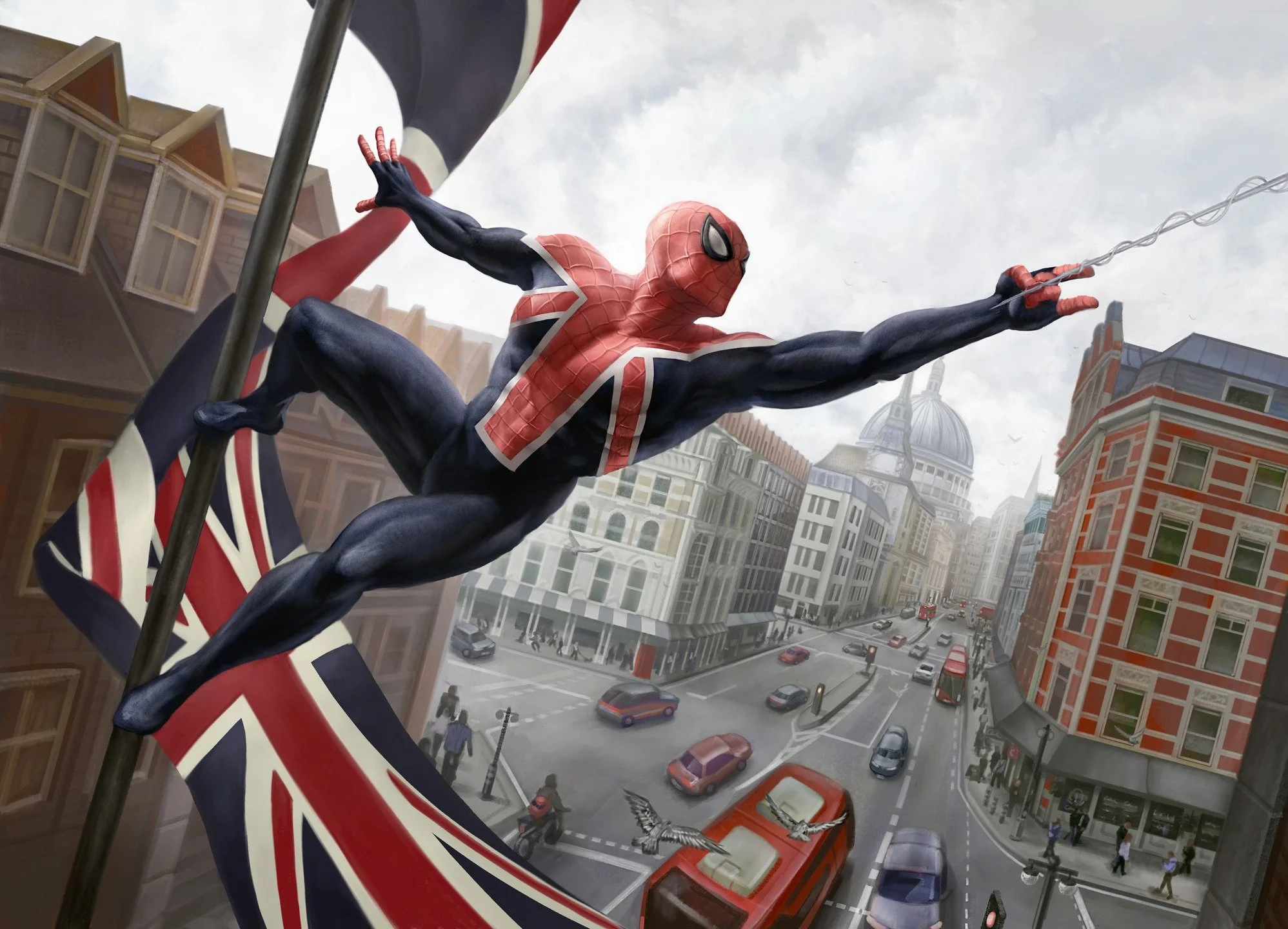 Excited to share my new Magic: The Gathering card art for the upcoming Marvel Spiderman set- Spider-UK! 
The scene is inspired by a real street in London, though I adjusted it a bit for composition. If you&rsquo;re into geolocating, you might be able