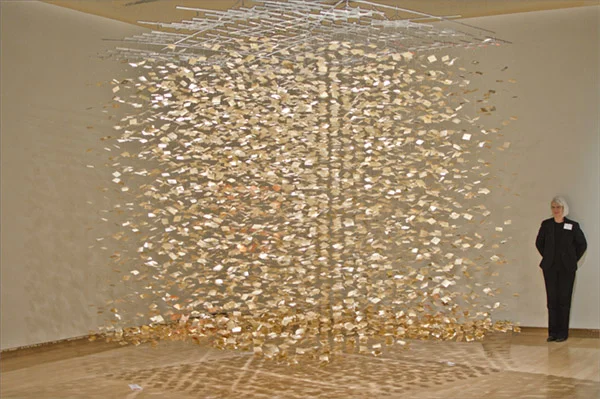 Rain - Art Prize : silver leaf on DuraLar, fabricated steel connectors, aluminum support, monofilament : 10’h x 10’w x 10’d History: Rain won third place in Art Prize 2011. It was on display in the Grand Rapids Public Museum, Grand Rapids, Michigan. There is a video of Rain - Art Prize on youtube