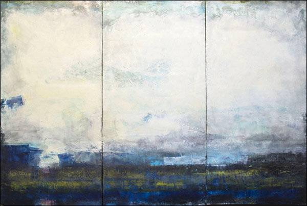 Cloud and Mystery : encaustic on canvas on Gator Board in 3 panels : 4’h x 6’w x 1.5”d : $6240 by Lynda Cole