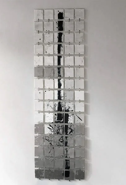 Moonwalk : silver leaf, palladium leaf, ink on 4” squares of acrylic panel, fabricated hangers. This hangs out from the wall about 1 inch : 72”h x 22”w x 1.5”d : $3000 : By Lynda Cole