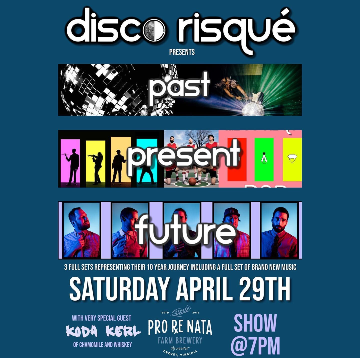 PRESENTING DISCO RISQUE: PAST, PRESENT, AND FUTURE!
.
We&rsquo;ll be returning to @prorenatabrewery on 4/29 to play a very special show!  3 sets of music that captures the different eras of your beloved DR boiz.  One set from our musical beginnings, 