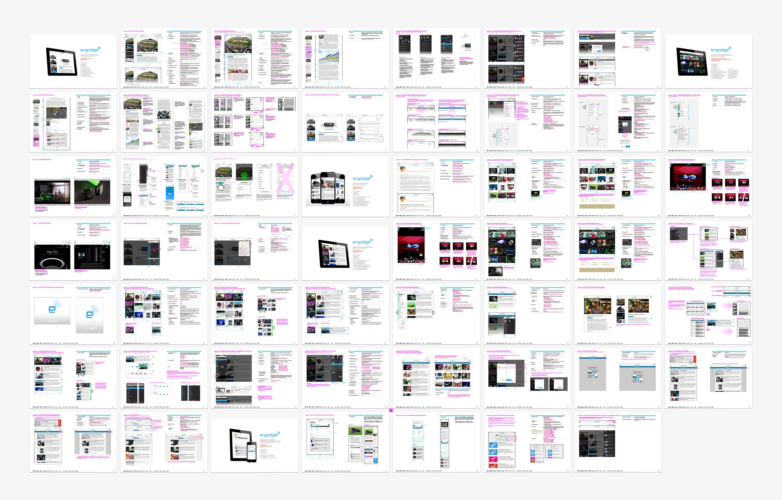 Over 500 separate pieces documentation was meticulously generated and updated to keep multiple developers in multiple locations on the same page. The hybrid documents covered specifications, behavior and design. There was a method to the madness, but today I'd just use Zeplin for design/developer hand-off.