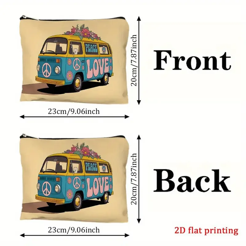Blue and Yellow Love Peace bay Window Bus Cosmetic Bag Measurements.webp