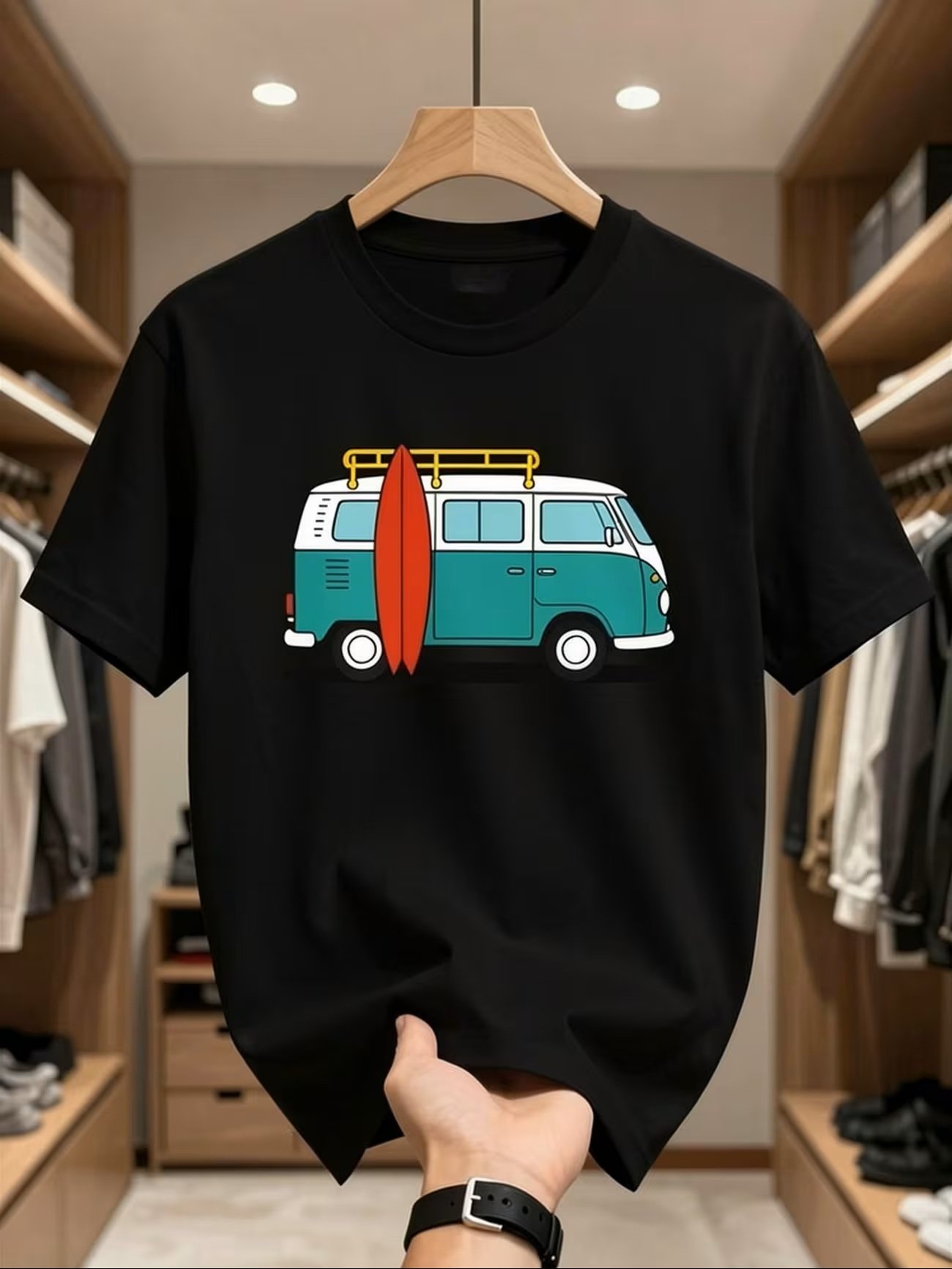 Black T Shirt Blue Splitty Bus Red Surfboard.jpg