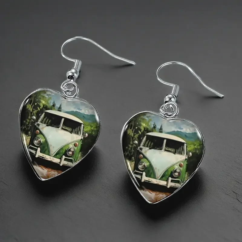 Green and White VW Bus Heart Shaped Dangle Earrings