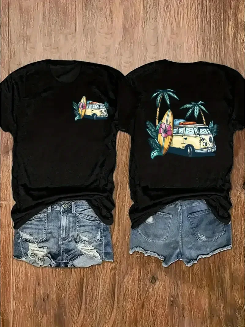 Black Double Sided Yellow and White Surf Bus T-Shirt Womens.webp